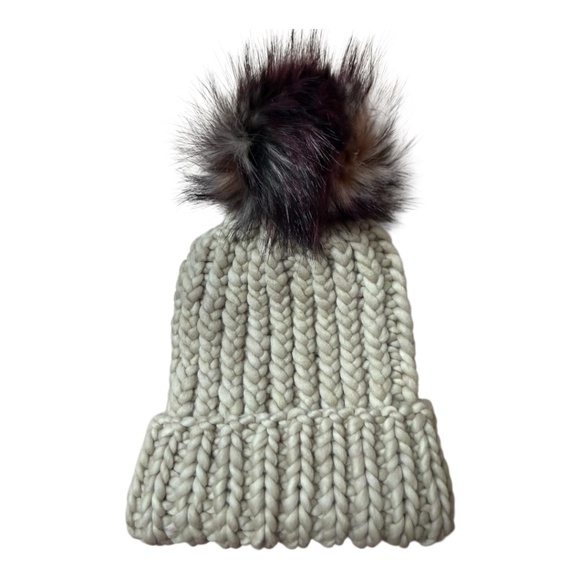 OOAK - Beige tone knit hat w/ faux fur pom - FOG colorway main image 4